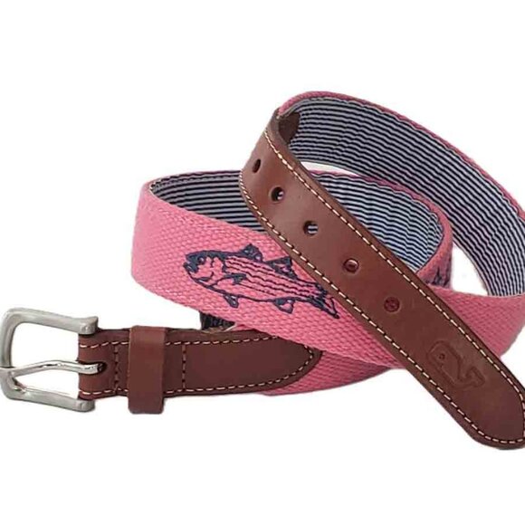 New Vineyard Vines Canvas and Cowhide Leather Belt Pink Blue Fish Men's Size 30 - Picture 1 of 2